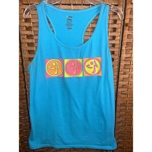 Women's Zumba Feel The Music Aqua Blue Neon Tank Top Size Extra Large Racerback